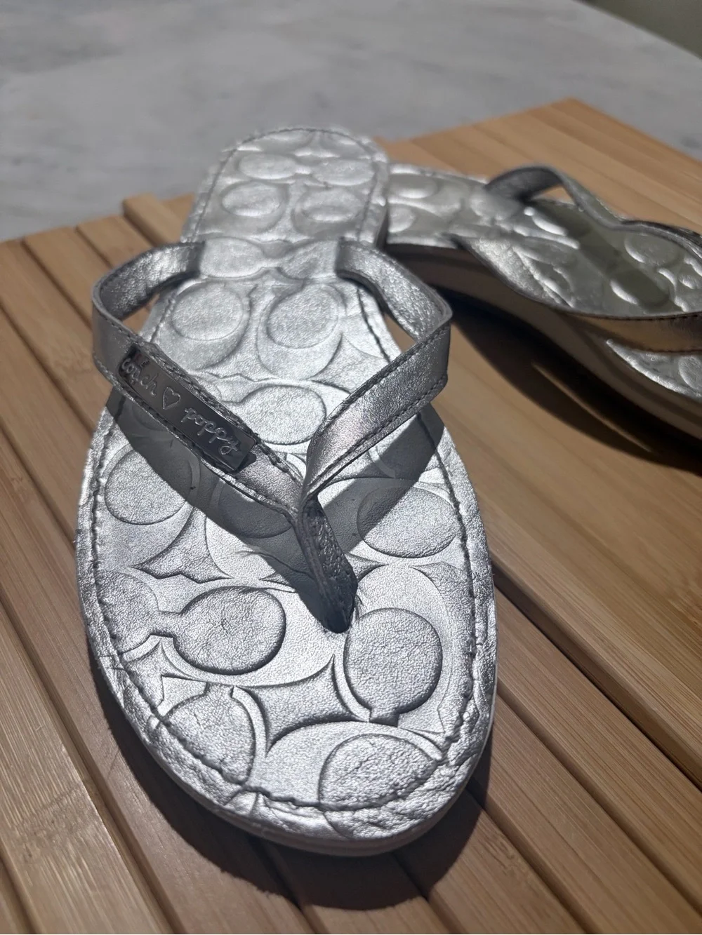 Coach Metallic Silver Signature Flip Flop Sandals